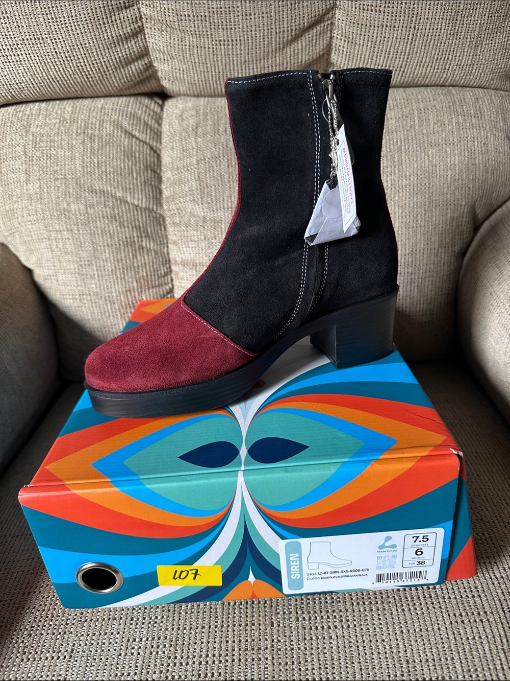Two-Tone Suede Platform Ankle Boot — Black & Burgundy